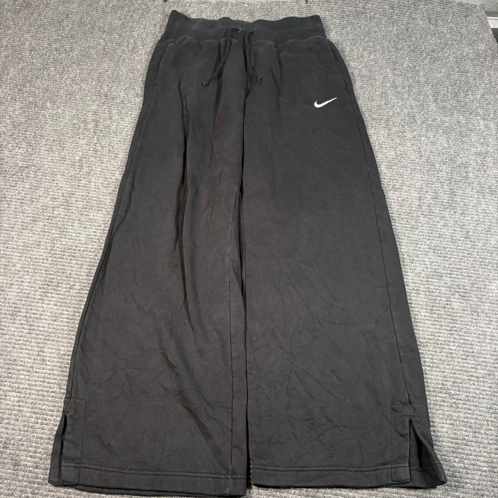 Nike Wide Leg Sweatpants Women Medium Black Excellent Fleece Lined Hem Slits